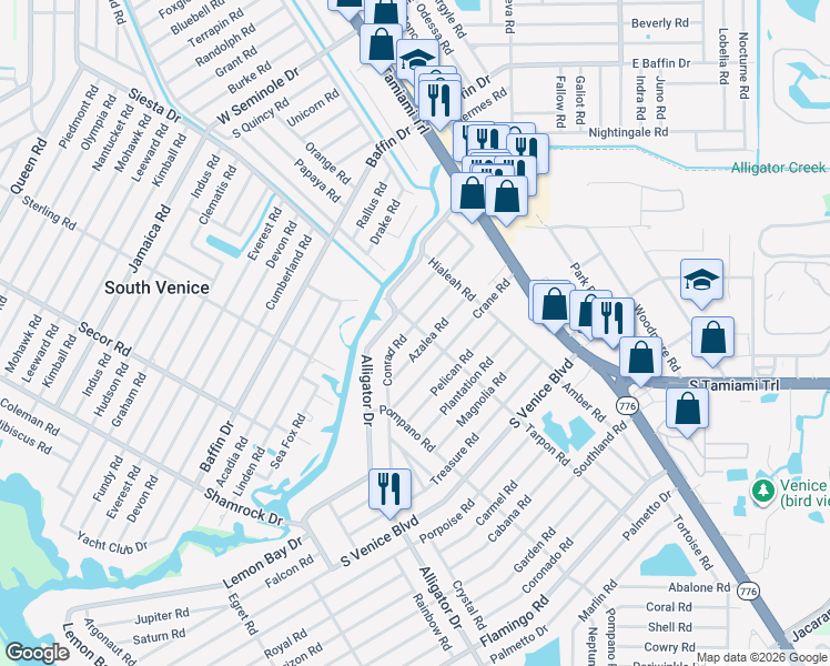 map of restaurants, bars, coffee shops, grocery stores, and more near 430 Azalea Road in Venice