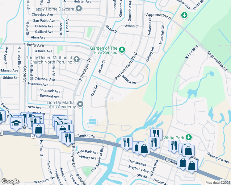 map of restaurants, bars, coffee shops, grocery stores, and more near 6940 Outreach Way in North Port