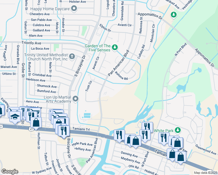 map of restaurants, bars, coffee shops, grocery stores, and more near 6929 Outreach Way in North Port