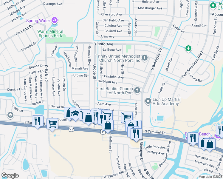 map of restaurants, bars, coffee shops, grocery stores, and more near 8657 Bumford Avenue in North Port