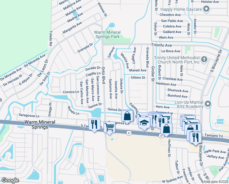 map of restaurants, bars, coffee shops, grocery stores, and more near 226 Venetia Avenue in North Port