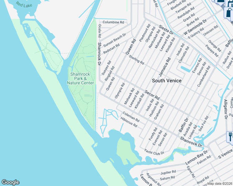 map of restaurants, bars, coffee shops, grocery stores, and more near 1533 Olympia Road in Venice