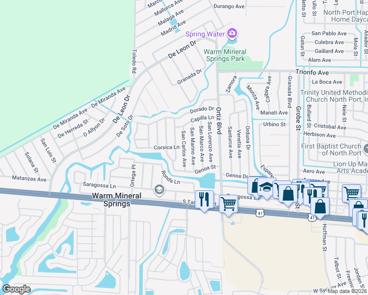map of restaurants, bars, coffee shops, grocery stores, and more near 224 San Carlos Avenue in North Port