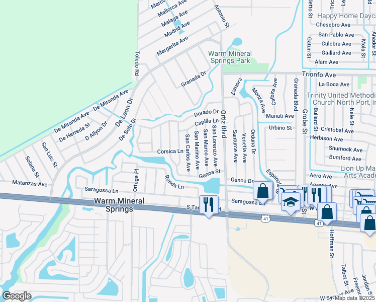 map of restaurants, bars, coffee shops, grocery stores, and more near San Carlos Avenue in North Port