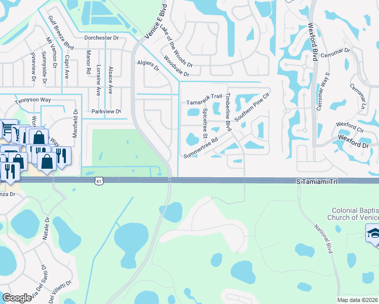 map of restaurants, bars, coffee shops, grocery stores, and more near 4851 Summertree Road in Venice