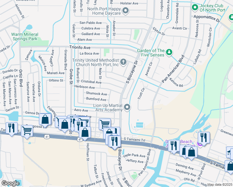 map of restaurants, bars, coffee shops, grocery stores, and more near 8063 Herbison Avenue in North Port