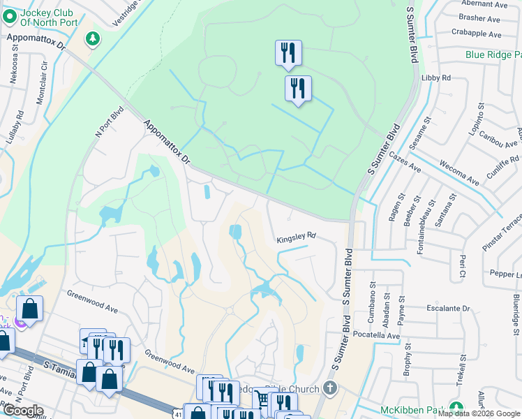 map of restaurants, bars, coffee shops, grocery stores, and more near 5435 Appomattox Drive in North Port