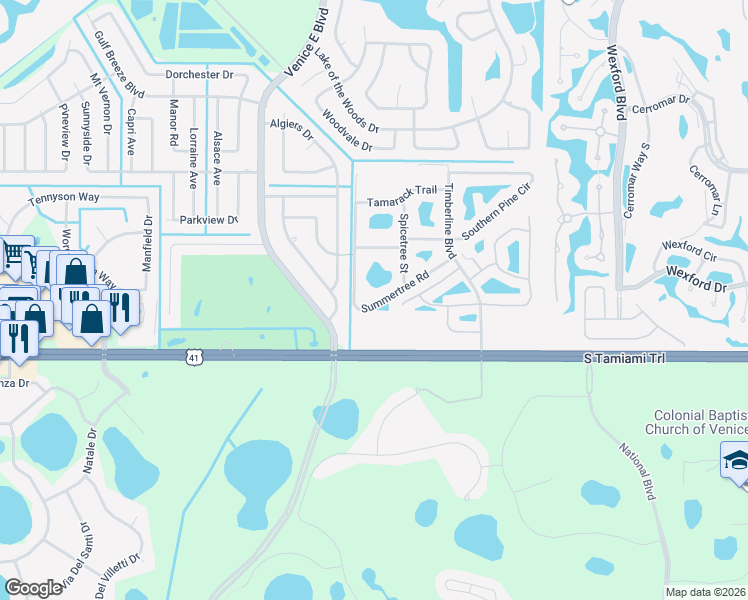 map of restaurants, bars, coffee shops, grocery stores, and more near 4851 Summertree Road in Venice