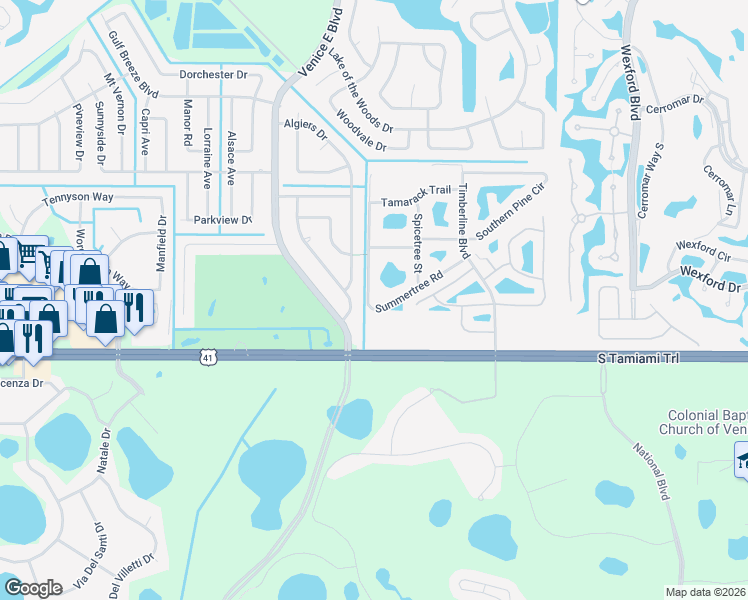 map of restaurants, bars, coffee shops, grocery stores, and more near 106 Algiers Drive in Venice