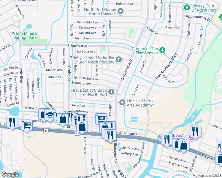 map of restaurants, bars, coffee shops, grocery stores, and more near 8093 Herbison Avenue in North Port