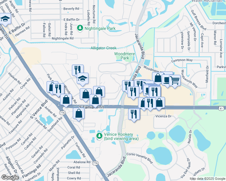 map of restaurants, bars, coffee shops, grocery stores, and more near 3752 Cadbury Circle in Venice
