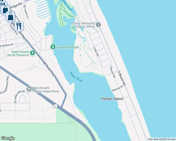map of restaurants, bars, coffee shops, grocery stores, and more near 6 Riverview Road in Hobe Sound
