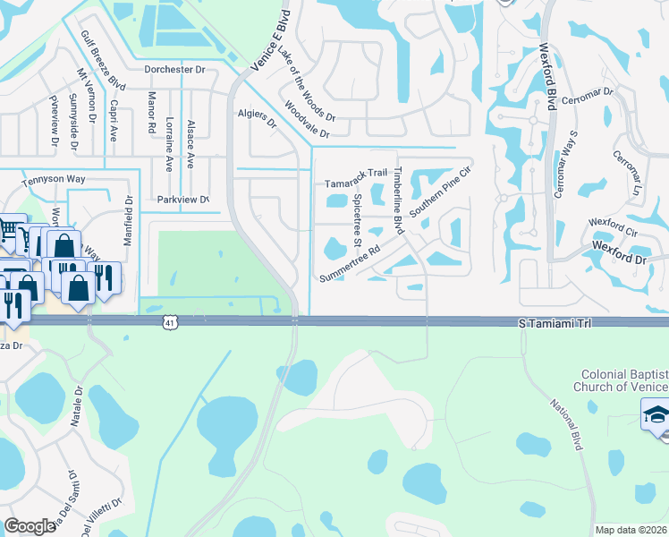 map of restaurants, bars, coffee shops, grocery stores, and more near 4851 Summertree Road in Venice