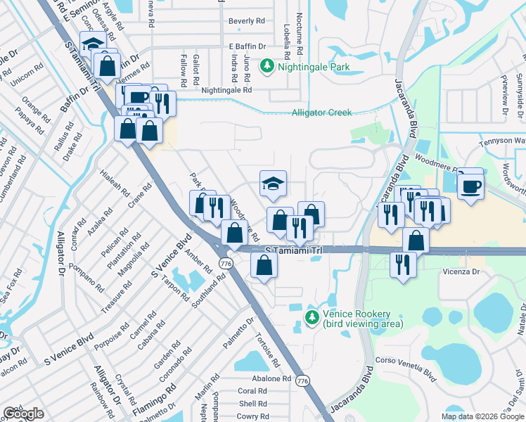 map of restaurants, bars, coffee shops, grocery stores, and more near 2242 Seaboard Avenue in Venice