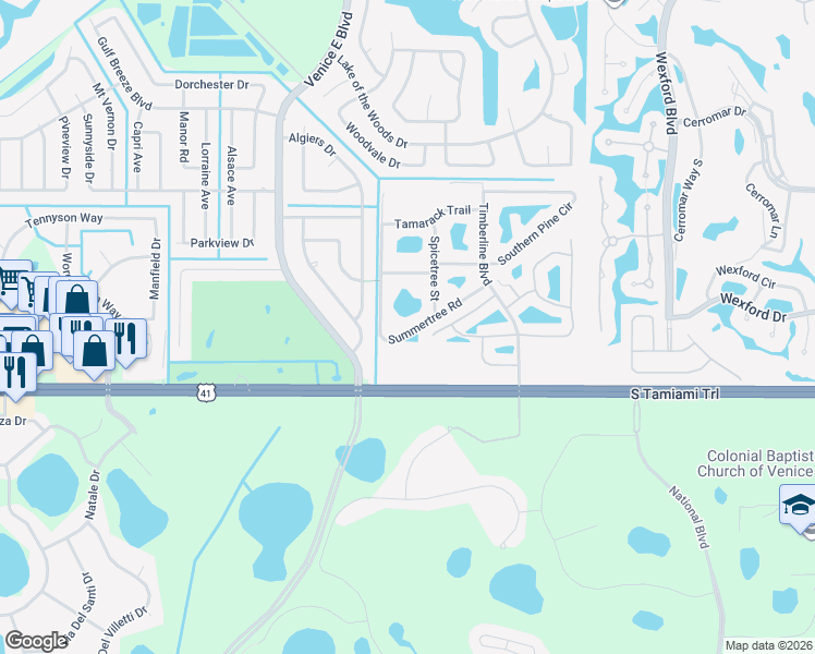 map of restaurants, bars, coffee shops, grocery stores, and more near 4851 Summertree Road in Venice