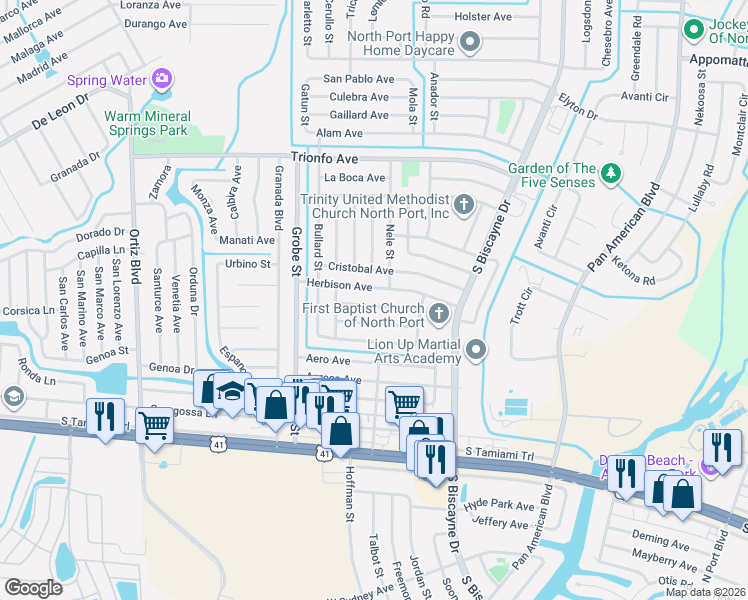 map of restaurants, bars, coffee shops, grocery stores, and more near 4947 Nele Street in North Port