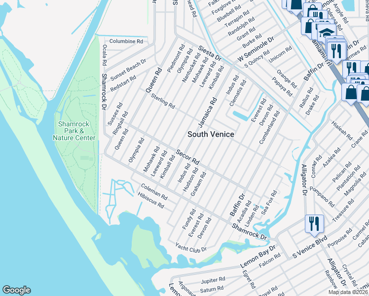 map of restaurants, bars, coffee shops, grocery stores, and more near 1190 Jamaica Road in Venice