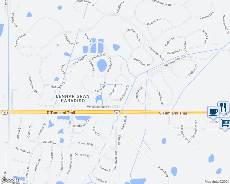 map of restaurants, bars, coffee shops, grocery stores, and more near 20182 Tesoro Drive in Venice