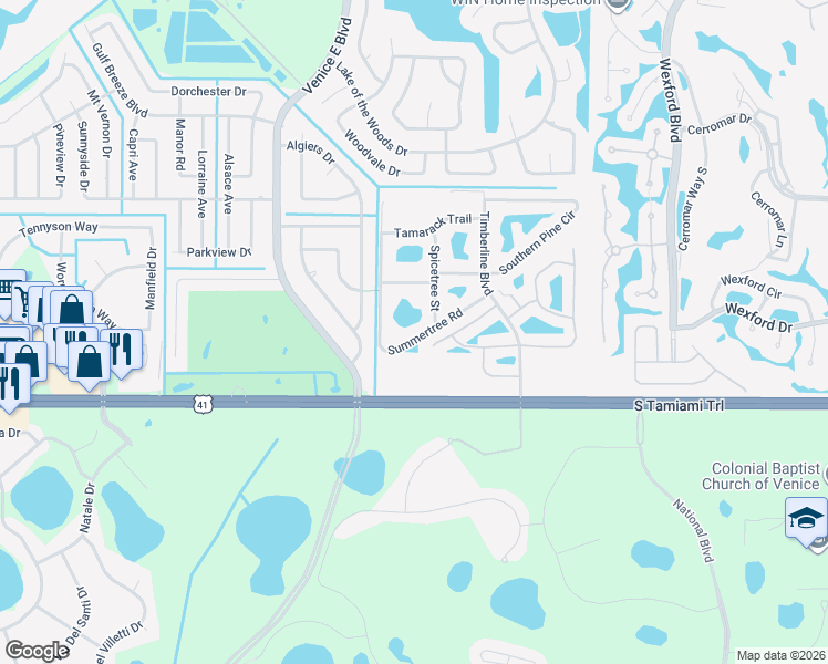 map of restaurants, bars, coffee shops, grocery stores, and more near 4851 Summertree Road in Venice