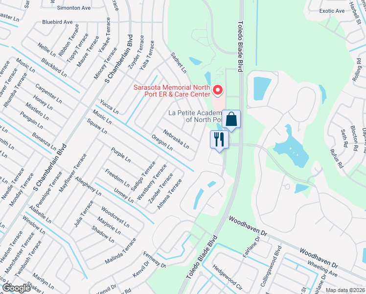 map of restaurants, bars, coffee shops, grocery stores, and more near 1222 Nebraska Lane in North Port