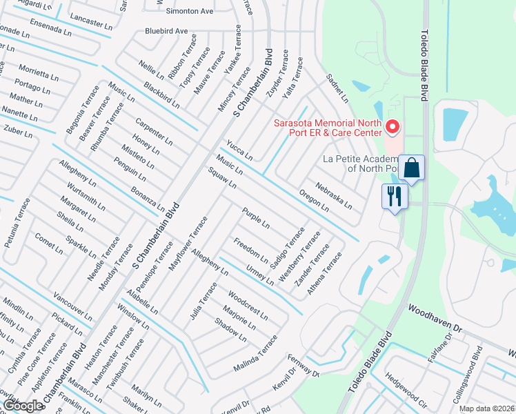 map of restaurants, bars, coffee shops, grocery stores, and more near 1614 Squaw Lane in North Port