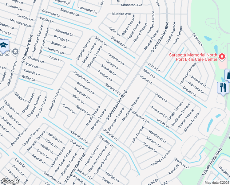 map of restaurants, bars, coffee shops, grocery stores, and more near 2165 Bonanza Lane in North Port