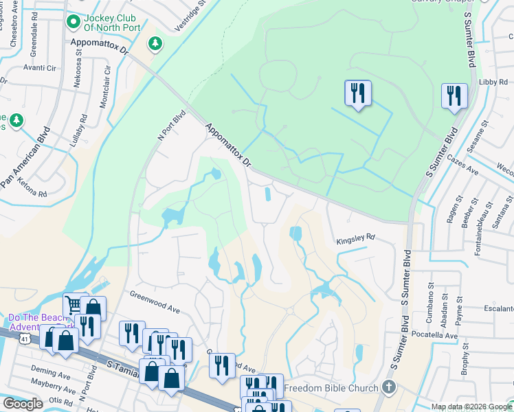 map of restaurants, bars, coffee shops, grocery stores, and more near 4144 Fairway Drive in North Port
