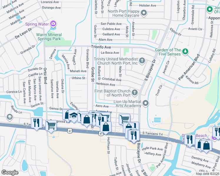 map of restaurants, bars, coffee shops, grocery stores, and more near 8663 Herbison Avenue in North Port