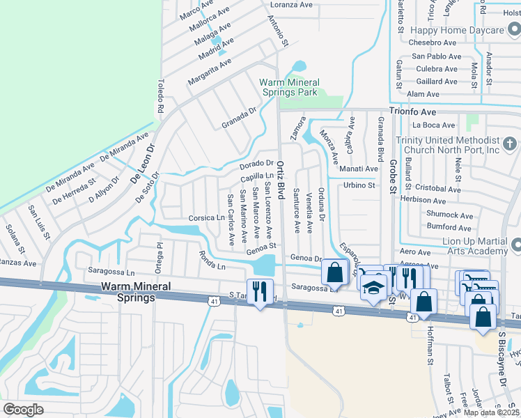 map of restaurants, bars, coffee shops, grocery stores, and more near 310 San Marco Avenue in North Port
