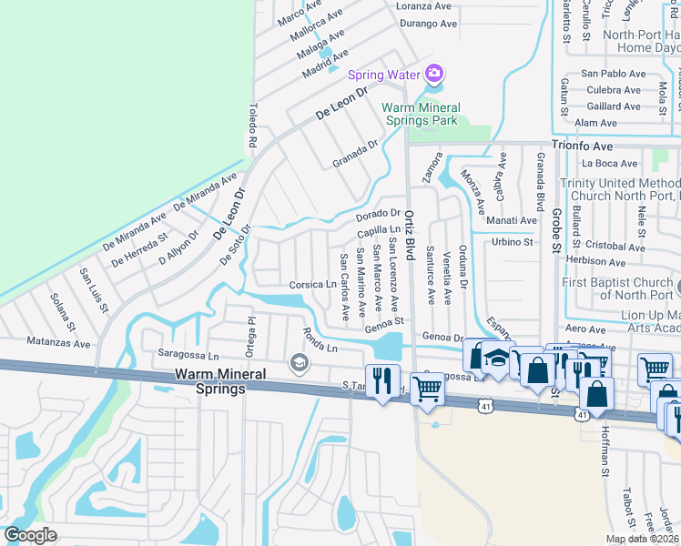 map of restaurants, bars, coffee shops, grocery stores, and more near 329 San Carlos Avenue in North Port