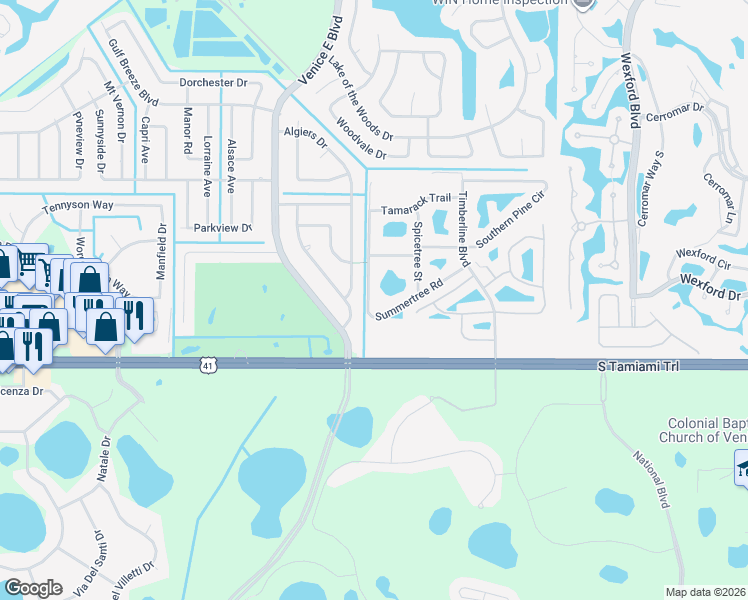 map of restaurants, bars, coffee shops, grocery stores, and more near 106 Algiers Drive in Venice