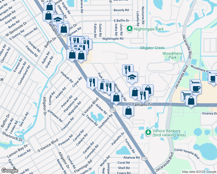map of restaurants, bars, coffee shops, grocery stores, and more near 253 Grove Road in Venice