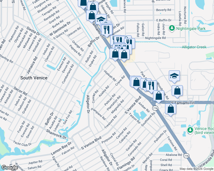 map of restaurants, bars, coffee shops, grocery stores, and more near 270 Azalea Road in Venice