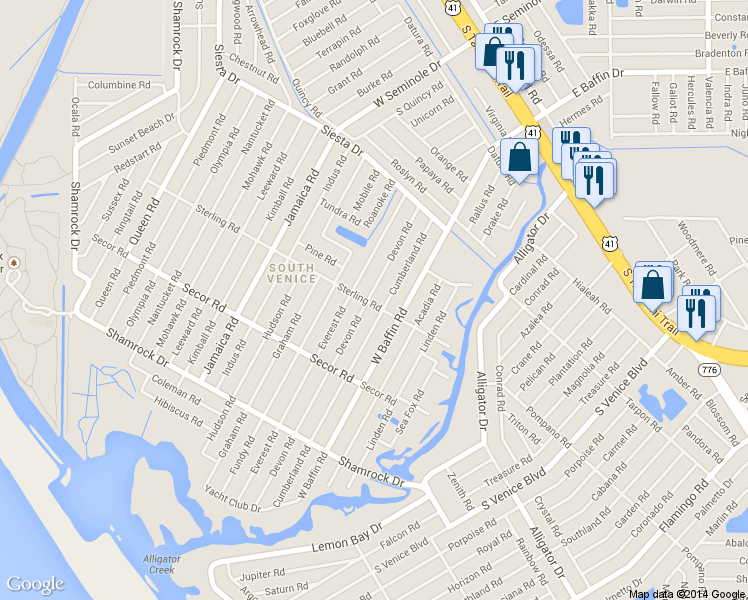map of restaurants, bars, coffee shops, grocery stores, and more near 775 Devon Road in Venice