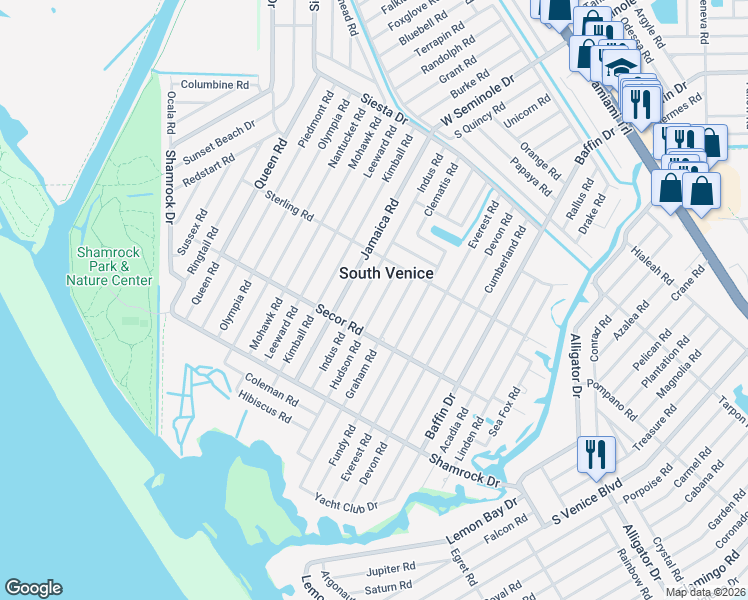 map of restaurants, bars, coffee shops, grocery stores, and more near in South Venice