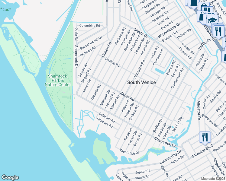 map of restaurants, bars, coffee shops, grocery stores, and more near 3781 Secor Road in Venice