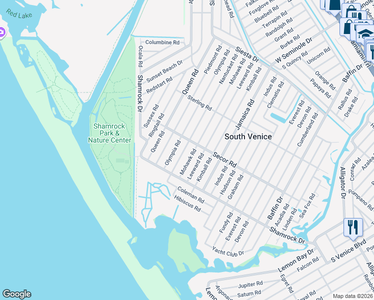 map of restaurants, bars, coffee shops, grocery stores, and more near 3750 Secor Road in Venice