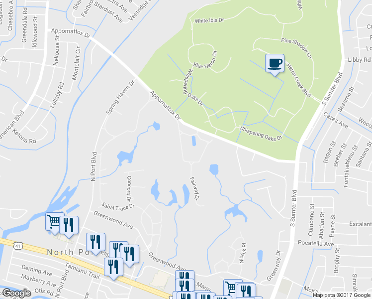 map of restaurants, bars, coffee shops, grocery stores, and more near 4144 Fairway Drive in North Port