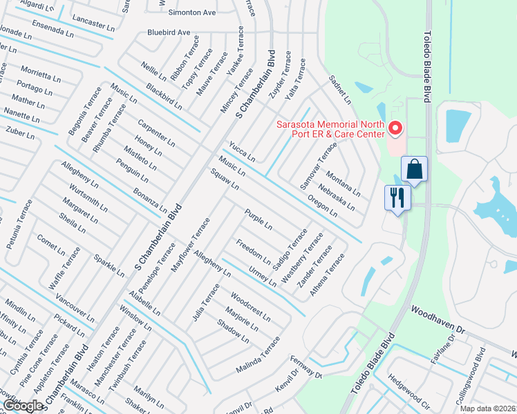 map of restaurants, bars, coffee shops, grocery stores, and more near 1647 Squaw Lane in North Port