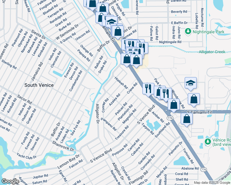 map of restaurants, bars, coffee shops, grocery stores, and more near 270 Azalea Road in Venice