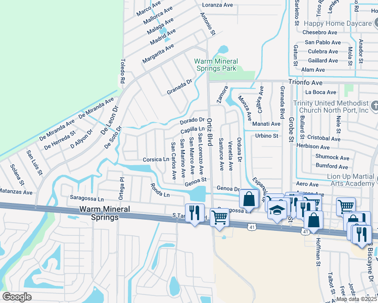 map of restaurants, bars, coffee shops, grocery stores, and more near 310 San Marco Avenue in North Port
