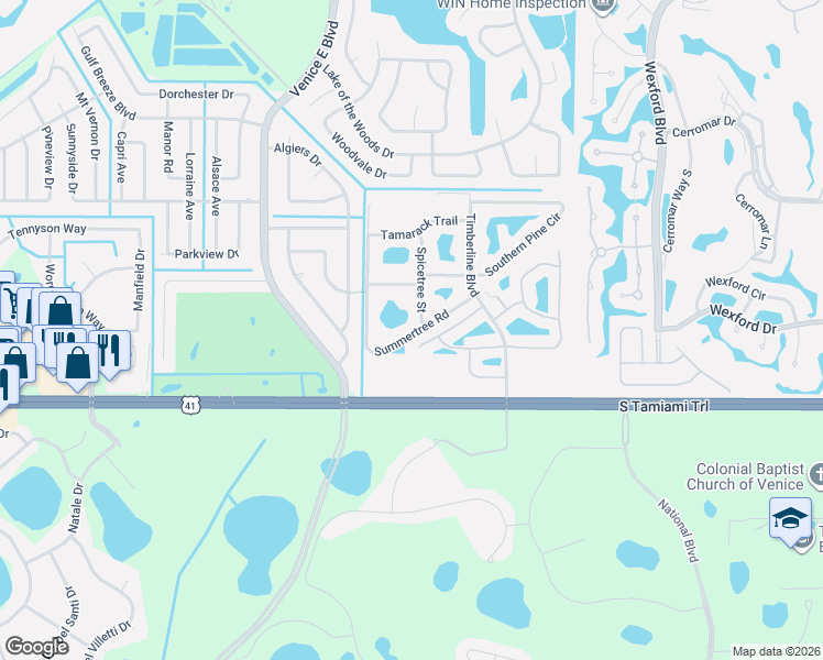 map of restaurants, bars, coffee shops, grocery stores, and more near 4851 Summertree Road in Venice