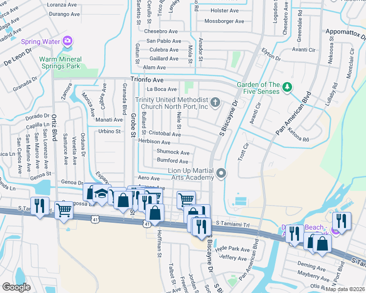 map of restaurants, bars, coffee shops, grocery stores, and more near 4947 Nele Street in North Port