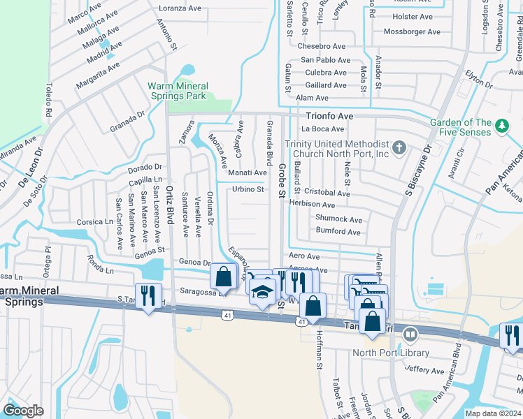 map of restaurants, bars, coffee shops, grocery stores, and more near 308 Granada Boulevard in North Port