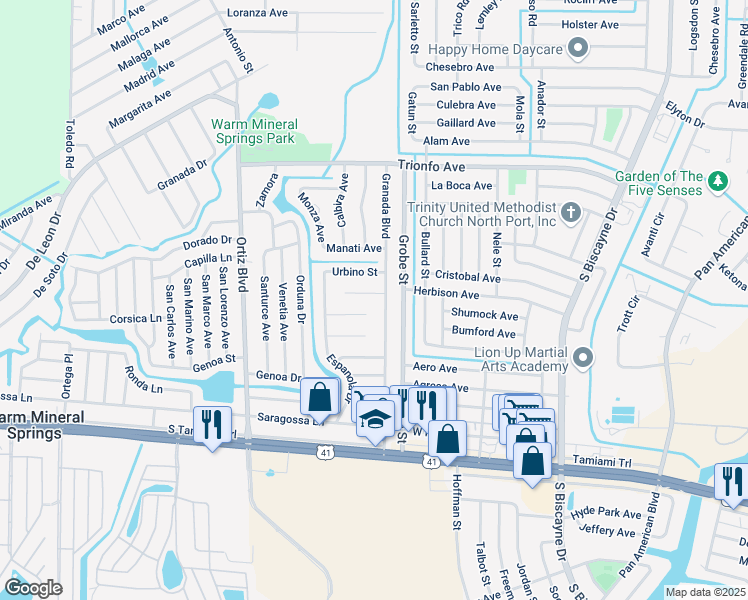 map of restaurants, bars, coffee shops, grocery stores, and more near 308 Granada Boulevard in North Port