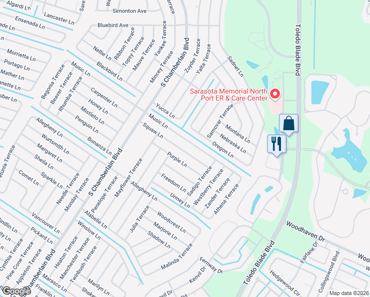 map of restaurants, bars, coffee shops, grocery stores, and more near 1614 Squaw Lane in North Port