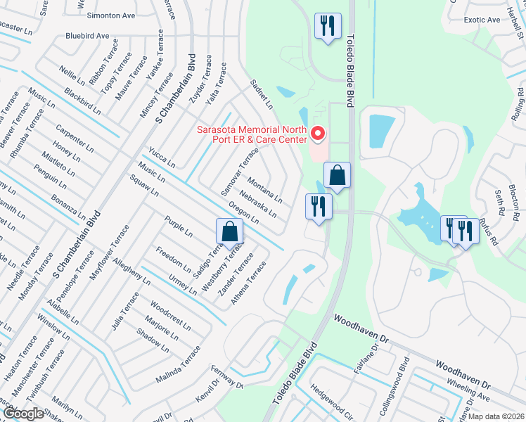 map of restaurants, bars, coffee shops, grocery stores, and more near 1222 Nebraska Lane in North Port