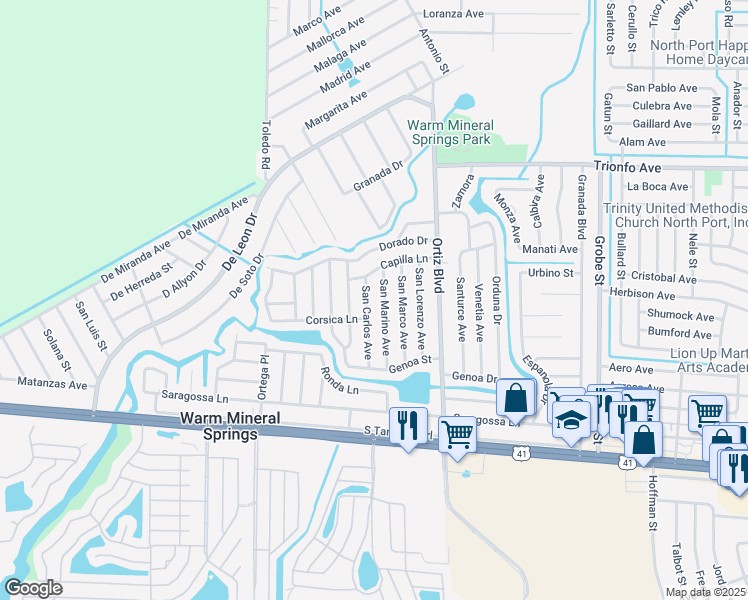 map of restaurants, bars, coffee shops, grocery stores, and more near 329 San Carlos Avenue in North Port