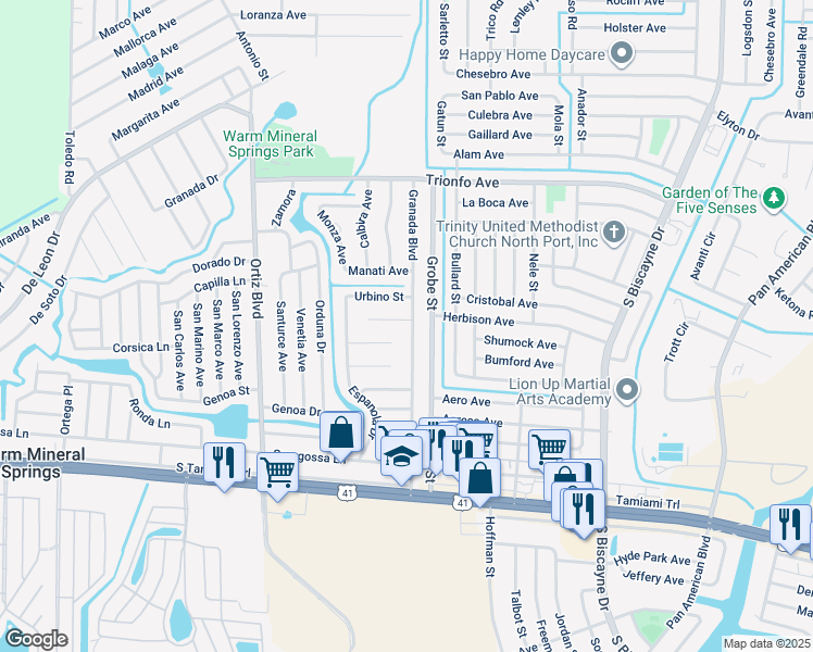 map of restaurants, bars, coffee shops, grocery stores, and more near 308 Granada Boulevard in North Port