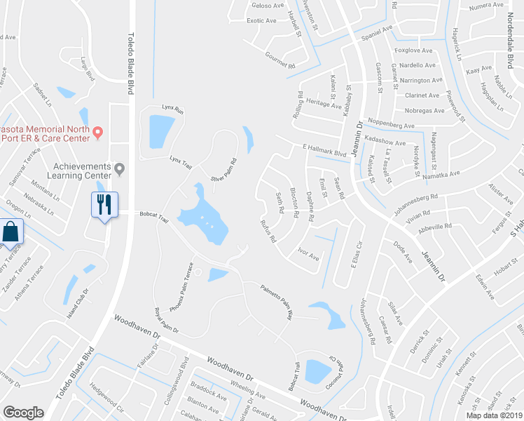 map of restaurants, bars, coffee shops, grocery stores, and more near 3121 Rufus Road in North Port